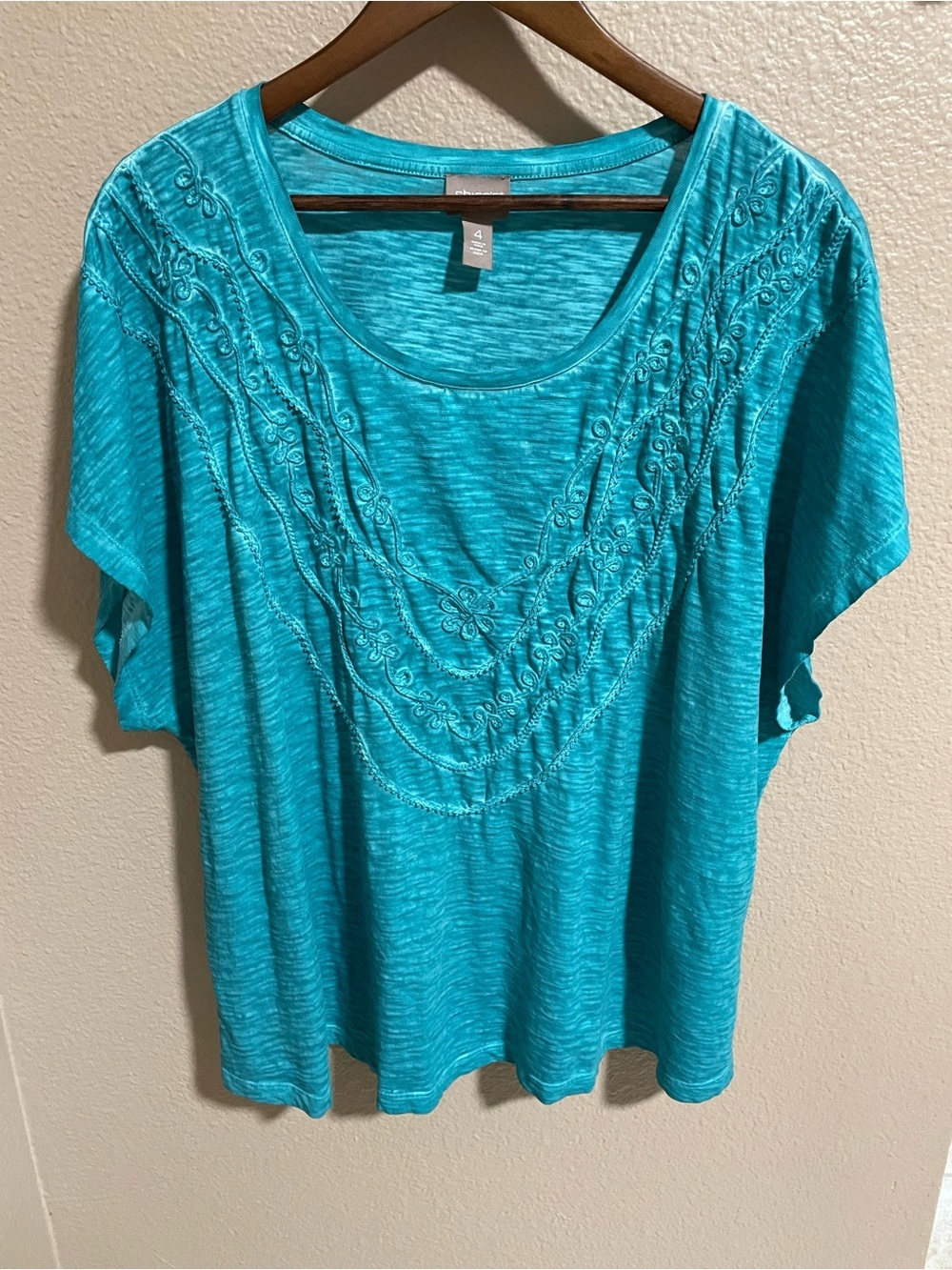 Chico's Turquoise Embroidered Scoop Neck Short Sleeve Top